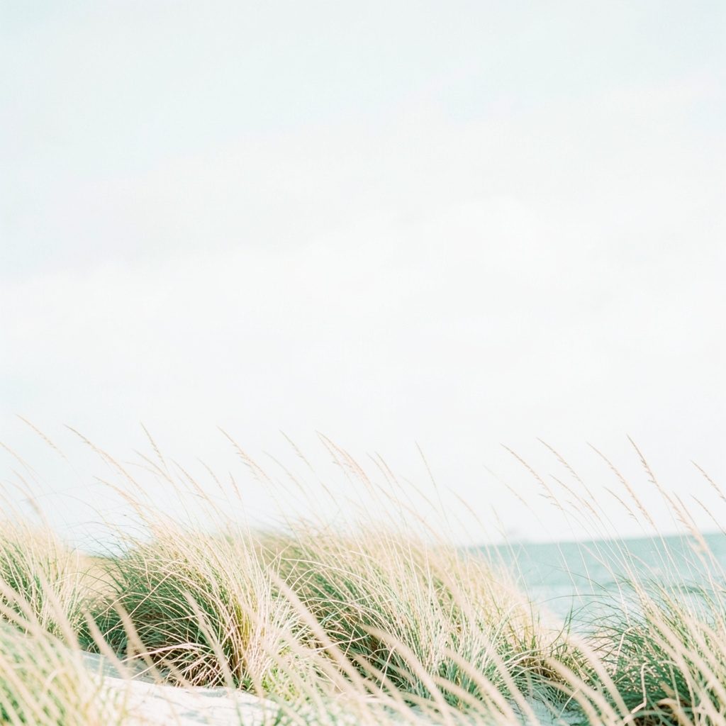A bright, airy photograph of pale coastal grasses against a soft white-grey sky, in muted teal and cream tones.